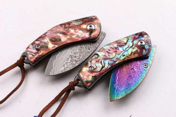 Damascus Waistline two types folding pocket knife with Natural Abalone handle UD403438
